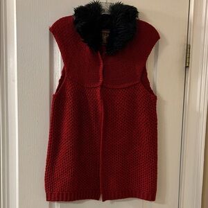 Multiples Red Sweater Vest with Black Faux Fur Collar